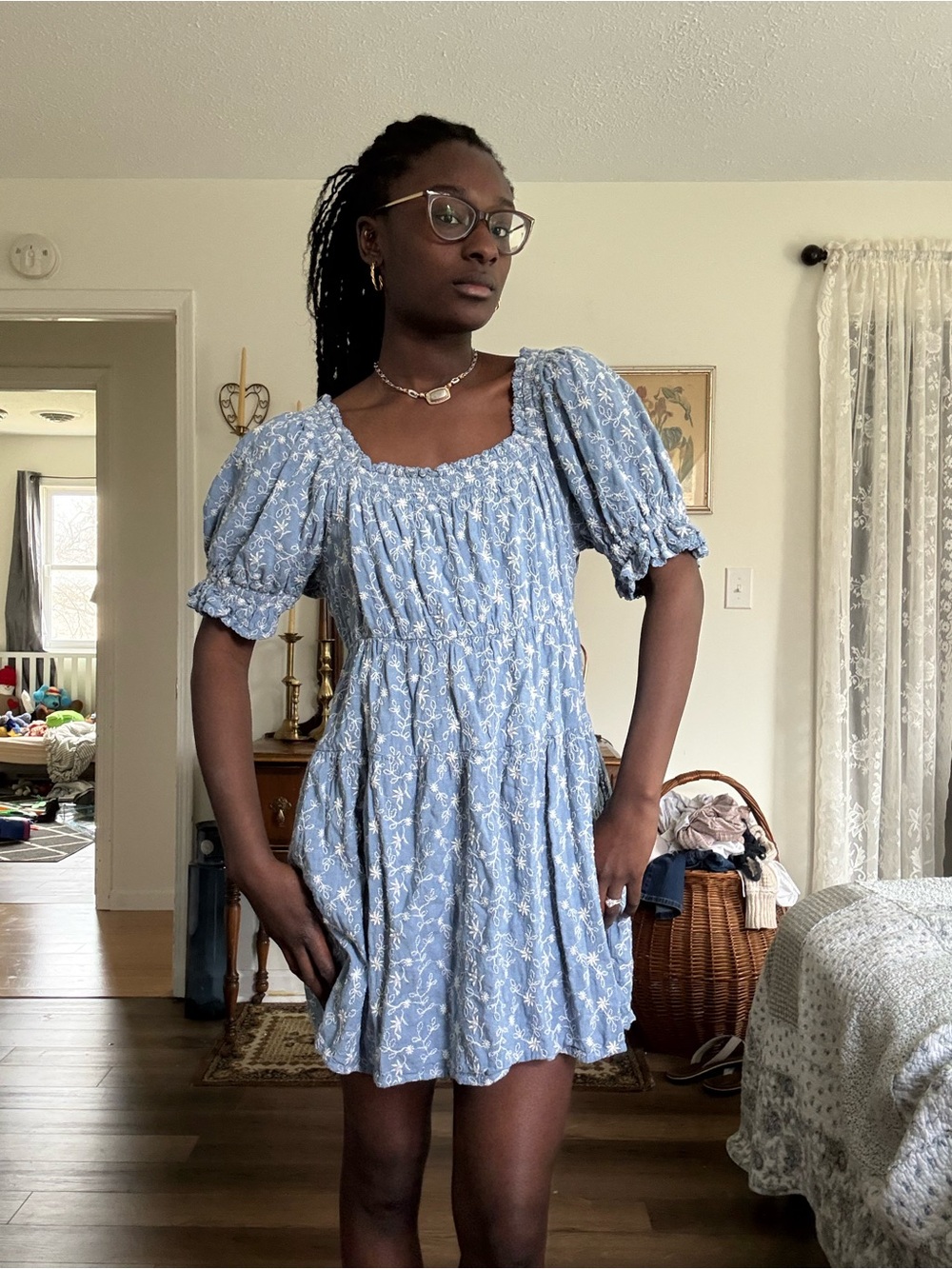 Old Navy Light Blue Floral Puff-Sleeve Mini Dress